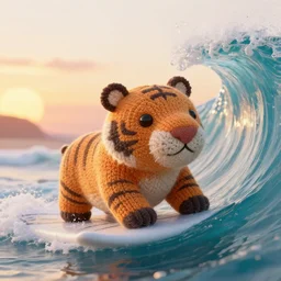 a closeup photorealistic photograph of a cute knitted tiger hippopotamus riding a massive wave during sunset. pristine texture. surf in the background. professional capture. brightly lit scene. this 4 k hd image is trending on artstation, featured on behance, well - rendered, extra crisp, features intricate detail, epic composition and the style of unreal engine.