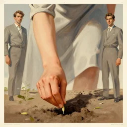 a closeup of a hand planting a seed in the ground woman wearing dress, limited neutral palette, by petros afshar, anton fadeev, dean ellis, beautiful graphic full body portrait, propaganda poster art 1 9 7 0 s illustrated advertising art, painterly character design