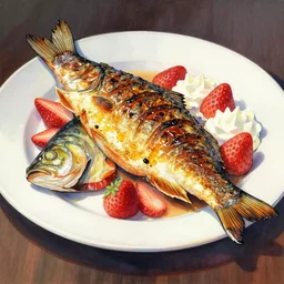 a grilled whole fish served with strawberries and whipped cream. this gouache painting by the award - winning mangaka has a beautiful composition, great sense of depth, dramatic lighting and intricate details.