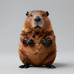 Stern anthropomorphic beaver dressed in corduroy clothes, XF IQ4, f/1.4, ISO 200, 1/160s, 8K, RAW, unedited, symmetrical balance, in-frame