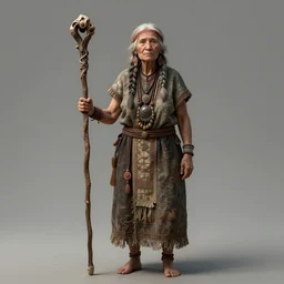 an concept art illustration, photorealistic full shot, an old lady tribal shaman with staff, standing, ultra realistic, style by wlop, trending in artstation, cgsociety, octane render, ultra sharp, concept illustration, digital painting, 8 k
