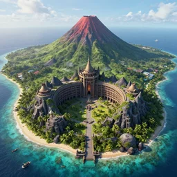 aerial photo of an evil lair located in a tropical island with a volcano, 3 d render, octane, ray tracing, ultra high resolution, ultra detailed, photorealistic