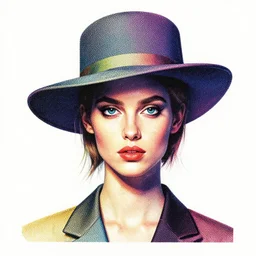 full portrait of a post modern fashion model with an exuberant neo bio hat, colorful, beautiful european face, octane render, vray, detailed, halftoned, editorial illustration, matte print, grainy light, ( ( dither ) ), risograph, high contrast, screen print, grainy texture