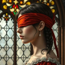 beautiful detailed side - view portrait of philippa eilhart, a blindfolded woman, hidden eyes, red and orange blindfold, pigtails, gothic stained glass window, masterful