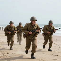 american soldiers running at the camera with rifles during normandy beach landing with fiery explosions and debris and dead bodies and limbs all around them in the style of the movie lone survivor and saving private ryan, gritty, 4 k, cinematic lighting,