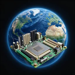 a alien motherboard hovering over Earth, 4k, realistic painting, trending on artstation