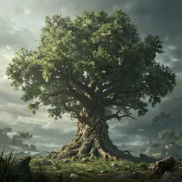 a massive tree in the center of the frame similar to the tree in elden ring all life is based off this tree and revolves around it, high detail, concept art, beautiful