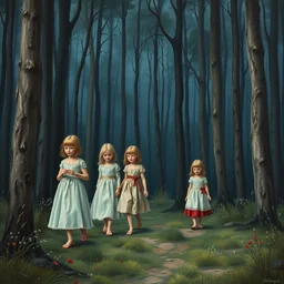 various little russian girls in dress walking in forest at night, very detailed oil painting by studios ghibli, rhads, leonardo da vinci, takato yamamoto, gaston bussiere and makoto shinkai, inspired by balthus and made in abyss, anatomically correct, soft color pallet, sharp focus, extremely coherent, fantasy, realistic, smooth