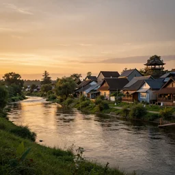 realistic photo of village by the river, sunset, detailed, trending on artstation