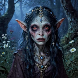 a pretty but sinister and creepy goblin in layers of fear, with haunted eyes, violence in her eyes, 1 9 7 0 s, seventies, delicate embellishments, a little blood, woodland, blue dawn light shining on wildflowers, offset printing technique, by walter popp, alexandre cabanel