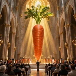 a giant carrot worshipped by hundreds in a huge cathedral with golden ray traced light by WLOP and tony sart, god rays, fantasy art, 4k, HDR, photorealistic, 8k, trending on artstation