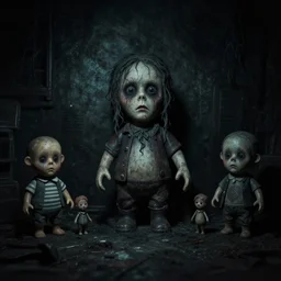 weird toys, dark room, creepy and eerie athmosphere, hd