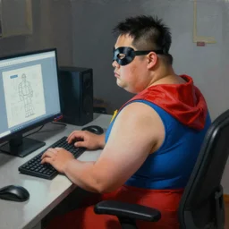 an insanely detailed painting of a chubby asian man wearing a homemade superhero costume and mask, sitting at a computer desk typing on the keyboard, in the style of peter mohrbacher, dramatic lighting and composition, trending on artstation, concept art, comic book, graphic novel, back view