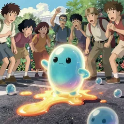 memorable animation key shot, onlookers terrified as translucent jelly bean golem melts in the hot asphalt, by mandy jurgens, by satoshi kon, ilya repin, shinji kimura, william turner, pastel color palette