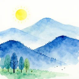 water color painting of layered blue mountains with a white background, a bright yellow sun, and very happy trees and birds. in the style of bob ross.