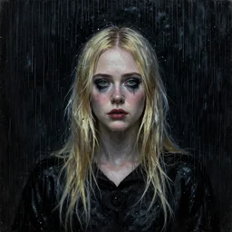 a striking esoteric painting of Elle Fanning in the rain, dark, metal, black background, occult, by Edward Leighton