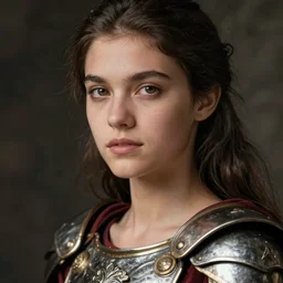 close - up portrait of beautiful young woman dressed gladiator with metallic armor, art by sebastiao salgado