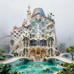 highly detailed futuristic architecture by antoni gaudi, reflective lighting, stylized vegetation, bridges, ground - level view, puddles of turquoise water, foggy atmosphere, stunning sunny lighting, sunrise, vivid colors, in the style of pixar animation, trending on artstation, 8 k, matte painting, ray tracing, hyper detailed, unreal engine 5, cinematic, epic lighting, cryengine, octane render, cyberpunk, red and orange glow, vibrant