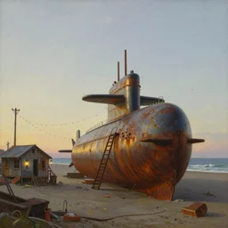 low point of view, low horizon, looking up, painting by dean cornwell, nc wyeth painting, ultra wide, vanishing point, 3 d perspective, beached submarine, incredible, award winning, up close, climbing, beaching, rust, sadness, golden hour, junk town, lanterns, makeshift house, catanary wire, string lightbulbs, tower, telephone pole