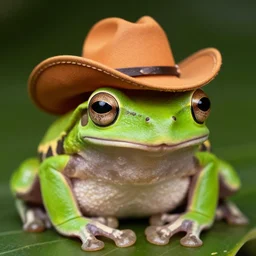 an amazon tree frog wearing a small cowboy hat, a macro photograph, shutterstock contest winner, uhd image, shiny eyes, macro photography