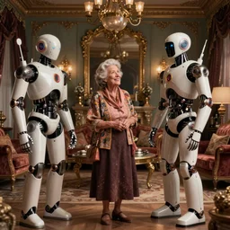 VFX movie portrait of happy old woman stand-off with futuristic robot in a decadent living room by Emmanuel Lubezki