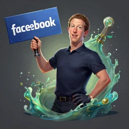 league of legends champion splashart of mark zuckerberg holding a facebook sign as weapon