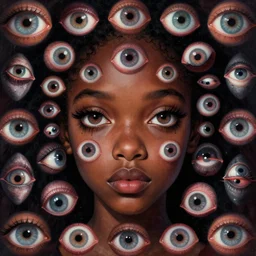 eyes!! a black girl with many eyes!, surreal art by colin christian and junji ito and anton semenov in a surreal portrait style, trypophobia! eyes, eyes everywhere, symmetry, eyes!, homicidal eyes