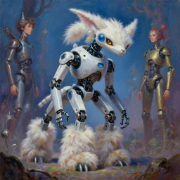 robotic lynx with the big floofy feet, enchanted magical fantasy cyberpunk. oil painting, by james gurney, dan mumford, wayne reynolds, ron spencer