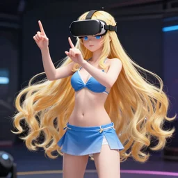 a very beautiful young anime girl with 2 0 meters long blond hair, full body, long wavy 2 0 meters long blond hair, sky blue eyes, full round face,, bikini, miniskirt, front shot, playing a virtual reality game highly detailed, cinematic wallpaper by stanley artgerm lau