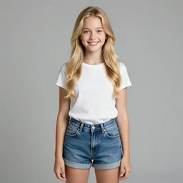 perfectly symmetrical young blonde haired girl grinning, wearing cuffed jean shorts and a plaid shirt, black and white cartoon art, extremely fine thick black lines