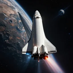cinematic still of a spacerocketship leaving orbit of an alien planet heading into deep space, traincore, dieselpunk, hugo boss design