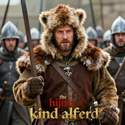 brightly lit historically inaccurate comedy medium shot film still of ( rainn wilson plays king alfred ) king alfred wearing a fursuit in battle in a medieval comedy titled'the hijinx of king alfred ', directed by john landis, colorful lighting high contrast, hyperrealistic shocking detail trending on artstation 8 k