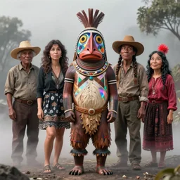 a funny portrait of a Selk'nam by Boris Artzybasheff, Yoko D'Holbachie, John Kricfalusi, Mark Ryden and Lisa Frank, Award winning photo, iridiscense, Houdini algorithmic generative render, Accurate and detailed, sharp focus, octane render 8k , Fog, zoom out,