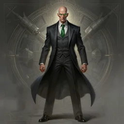a highly detailed illustration of bald old man wearing suit with green glowing eyes, dramatic standing pose, nuclear background, intricate, elegant, highly detailed, centered, digital painting, artstation, concept art, smooth, sharp focus, league of legends concept art, wlop.