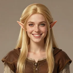 portrait, 3 0 years old women : : fantasy : : short neck, long straight blonde hair, beeing happy, smiling, pointy ears : : attractive, symmetric face : : brown medieval cloting, natural materials : : high detail, digital art, rpg, concept art, illustration