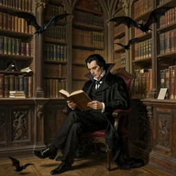 enormous gothic library, dracula sits reading, bats, aubrey beardsley