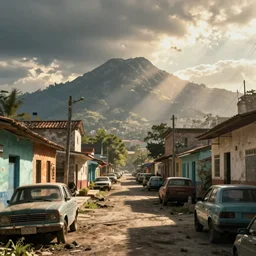 concept art for a video game, streets of a sunny venezuelan town, streets are dirty, parked dismantled cars, a mountain in the horizon