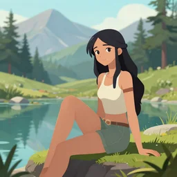 inka harpy girl, sitting at a pond, mountainous area, trees in the background, digital art