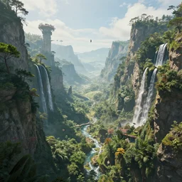 the simulation is set to fly through mountainous terrains filled with lush with flora and waterfalls, celestial towers, no gods no masters no labels, by antoine wiertz and noah bradley, visually stunning, cinematic, ultra realistic, hyper realism, 1 2 k, epic, octane render, unreal engine, vfx, maya