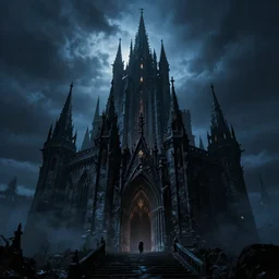 A Dark castle of Lich King, in style of Richard Wright, black and blue color scheme, octane render, cinematic, color grading