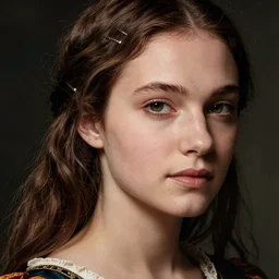 close - up portrait of beautiful young woman in renaissance dress, photography by annie leibovitz