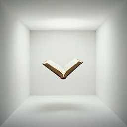 a small open book floating in the middle of a large cubic white room with no objects, misterious, still from movie by stanley kubrick