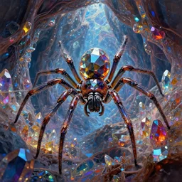 top digital painting of a ( ( ( mutlicoloured prism glass giant spider crawling through a colorful intricate!!!!! crystal cave with veins of crystals scattered in the walls ) ) ) | intense complex reflective atmosphere, trippy!!!, top digital art, craig mullins, james jean, cinematic, octane render, trending on artstation, deviantart, studio level quality, hyperdetailed, epic