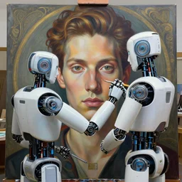robot artist painting a self - portrait on a canvas. intricate, highly detailed, digital matte painting, in the style of alexandros pyromallis, and in the style of hans thoma, and in the style of gil elvgren. irony, recursion, inspiration.