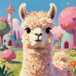 vintage 90\'s anime mixed with pastel impasto highly rhythmic expressionistic wild symmetrical furry llama portrait pleasing palette trending on artstation super fluffy funhouse surreal unpredictable wild unexplainable fantasy land you could not have dreamed of in the gritty posterized grainy analog style of studio Ghibli and 1960s americana Comics, HQ 8k scan