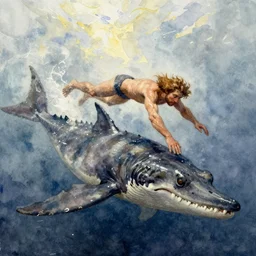 watercolor painting of prehistoric caveman, swimming to escape plesiosaurus, paint brush strokes, art by hans dahl, masterpiece, cinematic light, american romanticism