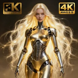 gold and silver tones, star wars cybernetic warrior princess, style of moebius, james jean, mcbess, long glowing ethereal hair, cinematic, highly detailed, award winning, 8 k photorealistic