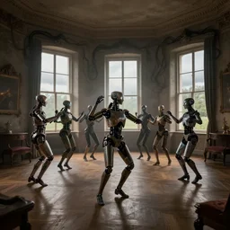 crowd of cyborgs dancing in a 1 8 th century room, old furnitures, wooden parquet, dramatic, cloudy nature outside of windows, cables as wall decorations, volumetric lighting, low angle camera, depth haze, cinematic, glow