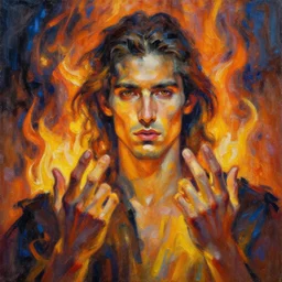 A highly detailed 4k abstract painting of man on fire. Handsome. Long hair. portrait. ArtStation. Impressionist
