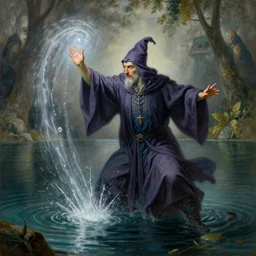 attractive male wizard casting water spell in a beautiful lake. highly detailed painting by gaston bussiere, craig mullins, j. c. leyendecker 8 k